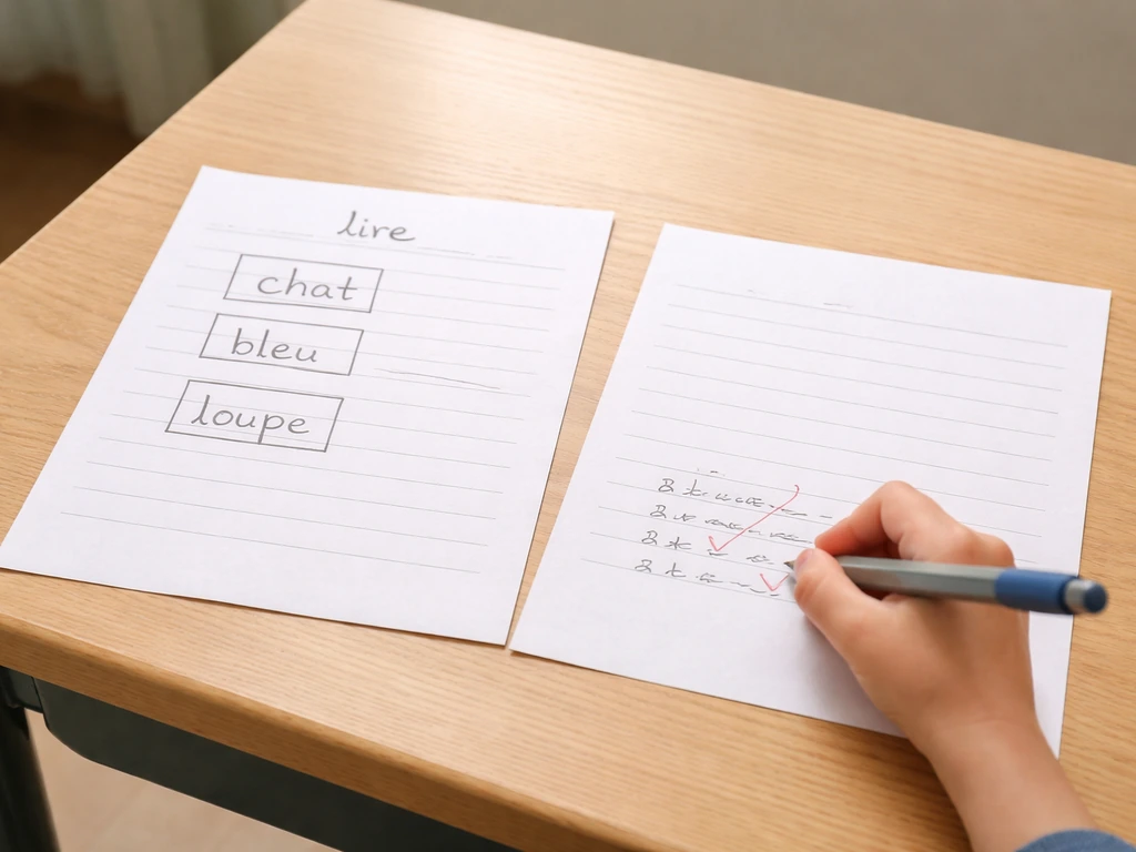Table de travail d’enfant avec une feuille de lecture et des mots encadrés, stylo au-dessus pour corriger.