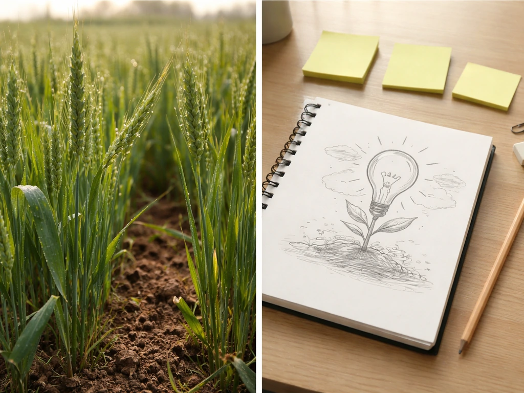 À gauche un champ de blé en herbe, à droite des post-it et un carnet de croquis pour illustrer l’idée naissante.