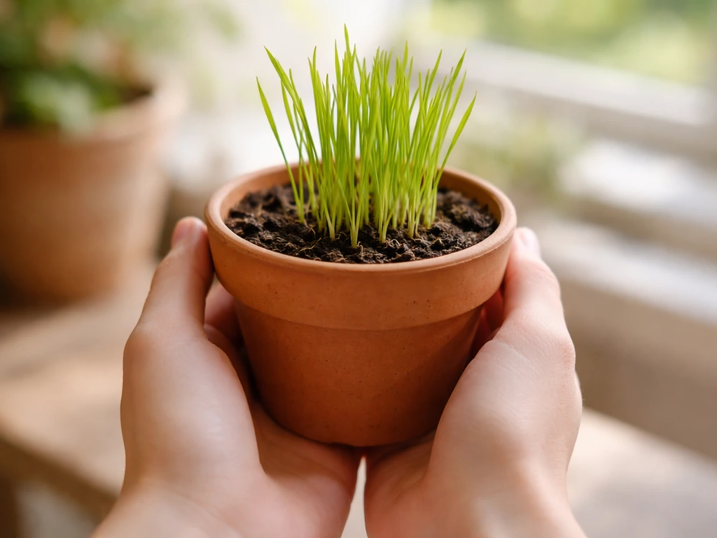 Deux mains tiennent un petit pot de terreau avec une jeune pousse de blé verte.