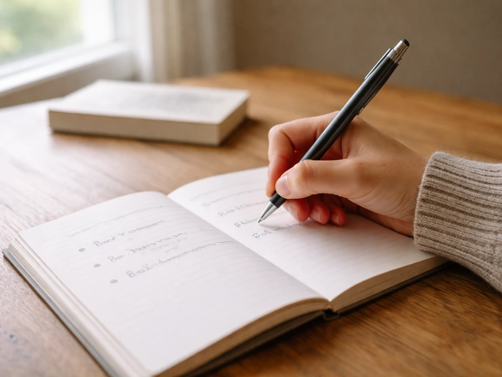 Main écrivant un bref résumé par chapitre sur un carnet, puces visibles et pages sobres, lumière naturelle.