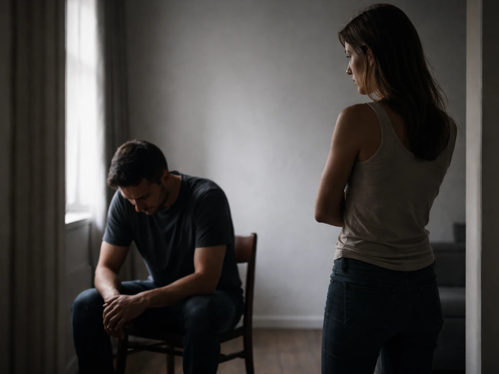 Un homme et une femme se font face en silence dans une pièce éclairée par une fenêtre, tension palpable.
