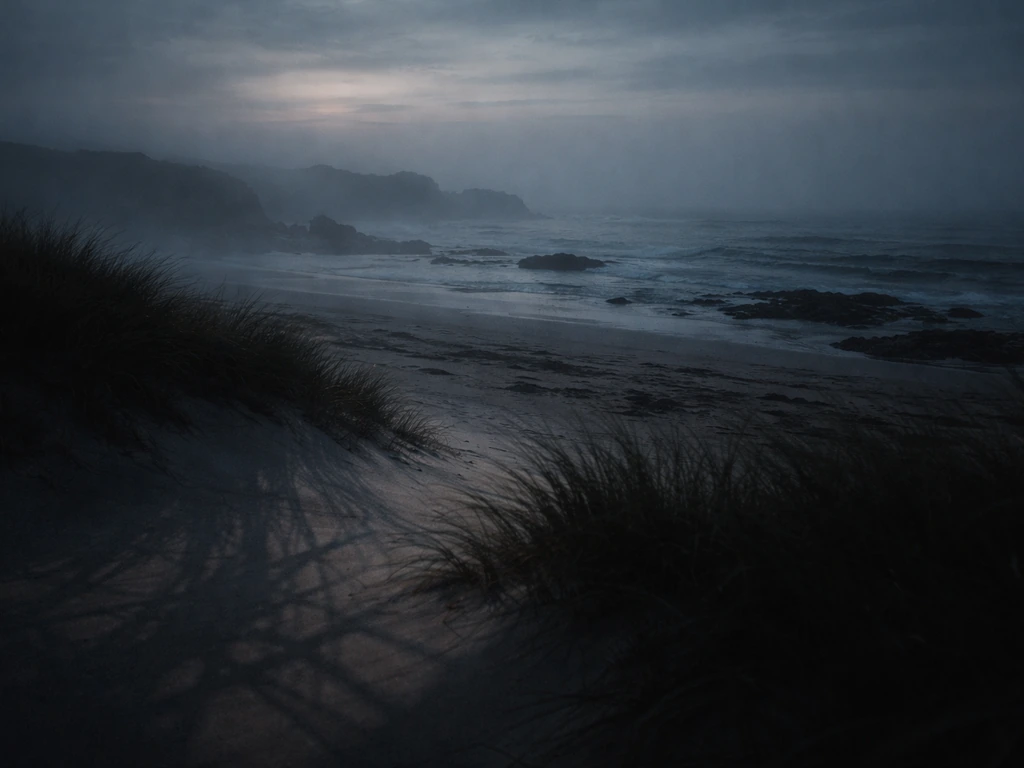 Brouillard sur une côte bretonne, avec des ombres sombres formées par des branches sur une dune humide.
