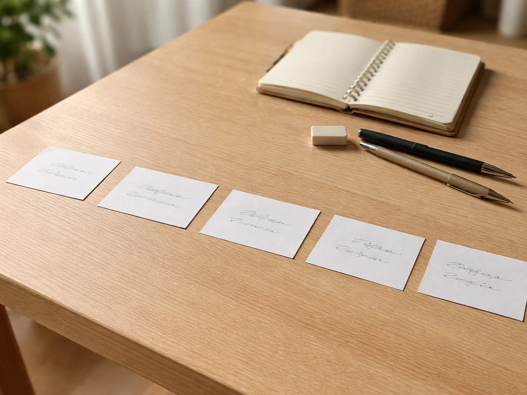Cartes et carnet sur une table, ambiance mémo pour tester des propositions par longueur de lettres.