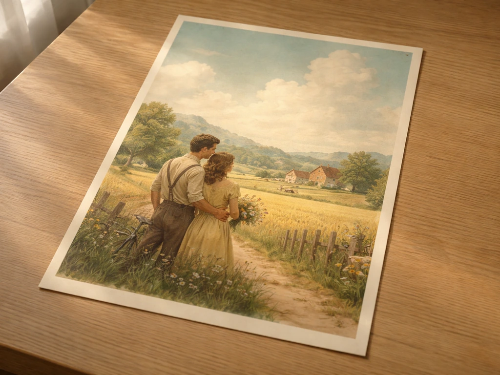 Affiche de film vintage des années 1950 posée sur une table en bois, ambiance champêtre, sans texte lisible.