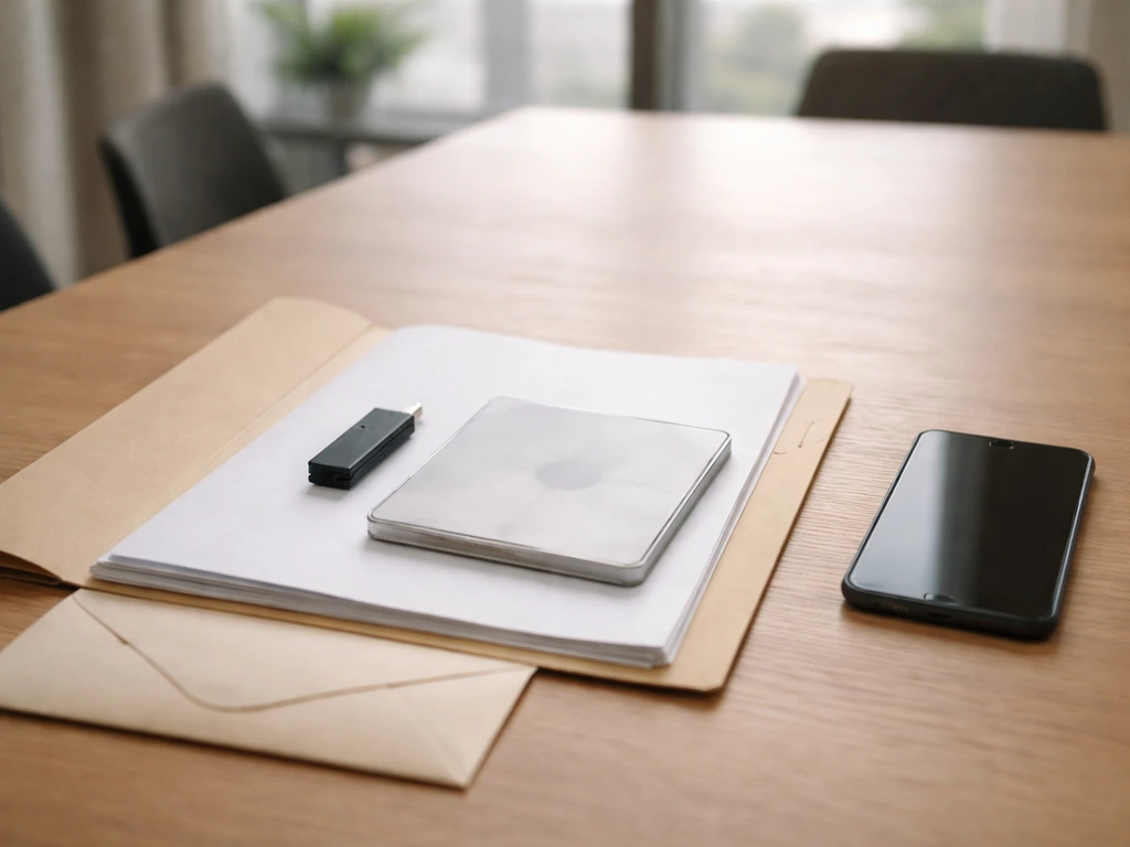 Table avec un dossier et des objets évoquant un accord de distribution, sans texte ni logos.