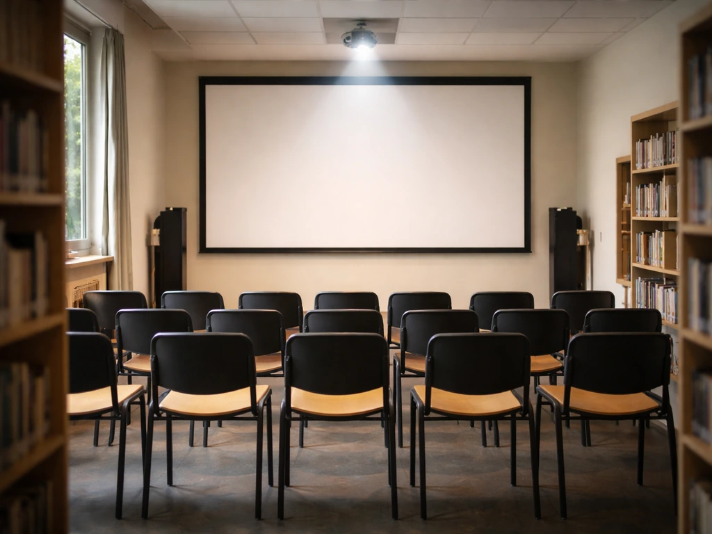 Salle de médiathèque avec écran de projection lumineux, ambiance de ciné-club calme, sans texte ni logos.