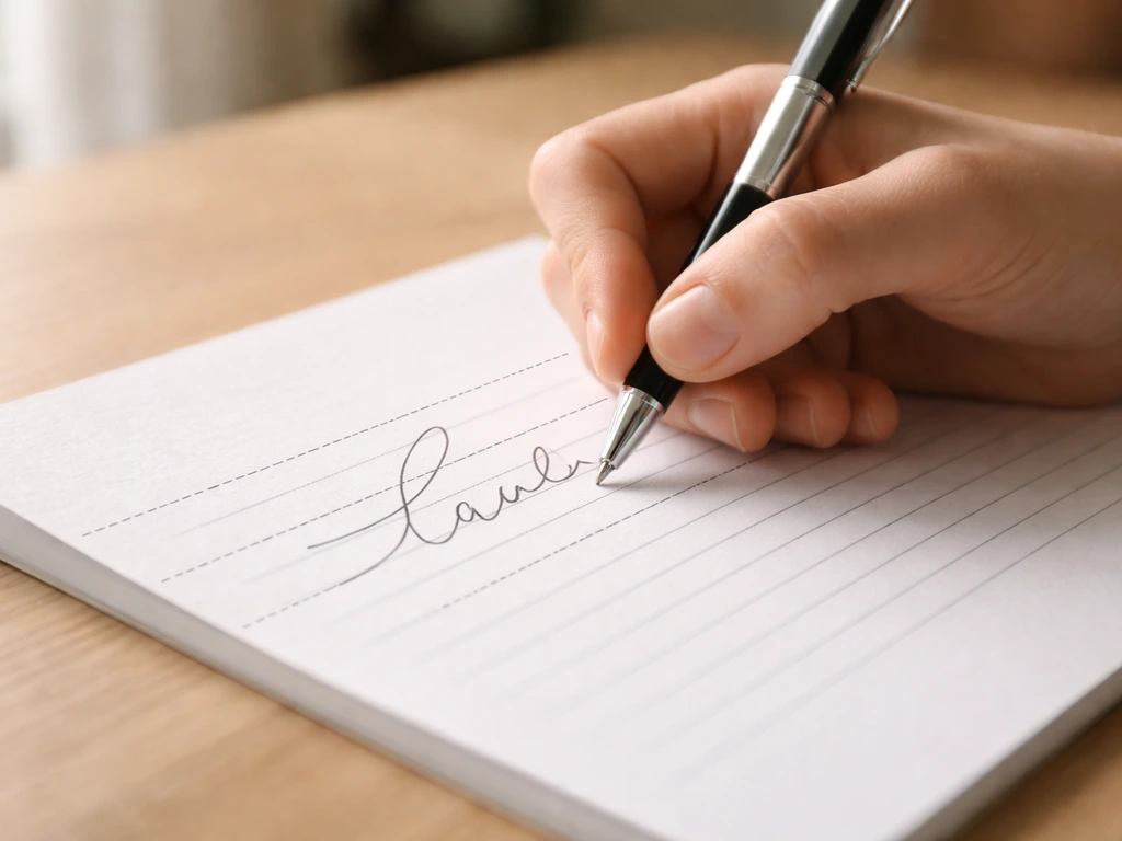 Main écrivant au stylo un mot cursif où les lettres touchent ciel–terre–herbe