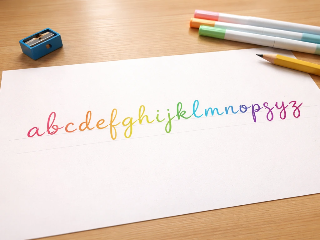 Feuille posée sur une table avec une frise horizontale de lettres cursives minuscules colorées lettre par lettre.