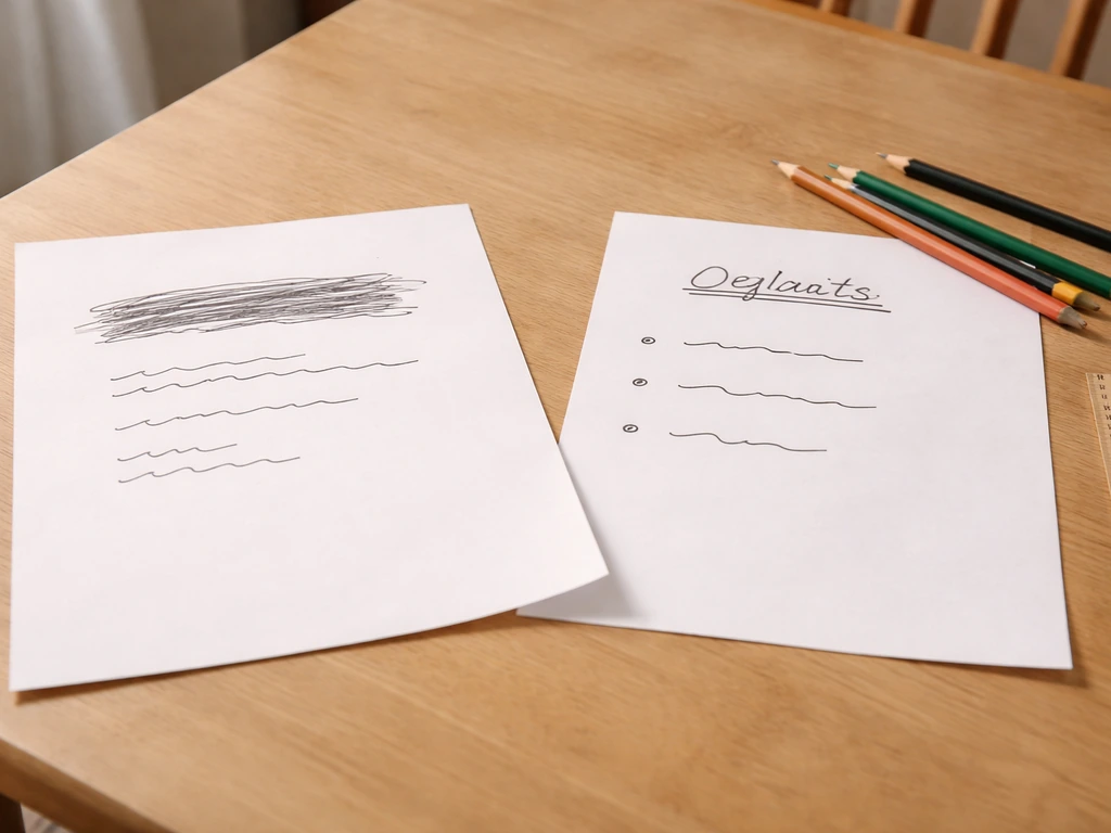 Deux feuilles de travail côte à côte : une idée raturée et une version claire, réaliste, adaptée à des enfants.