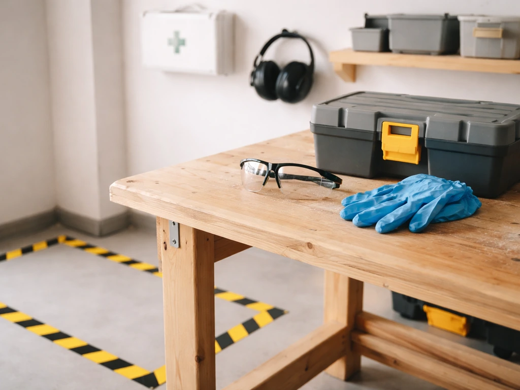 Lunettes et gants de sécurité sur un établi, zone de manipulation délimitée pour le travail en toute sécurité.