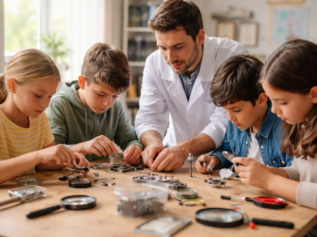 Atelier scientifique : enfants encadrés autour d’une table avec du matériel, ambiance chaleureuse en lumière naturelle.
