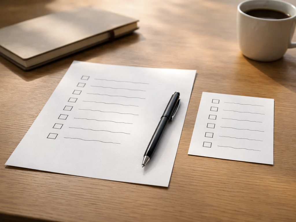 Une checklist sur papier avec des cases à cocher, stylo et café sur une table, lumière naturelle.