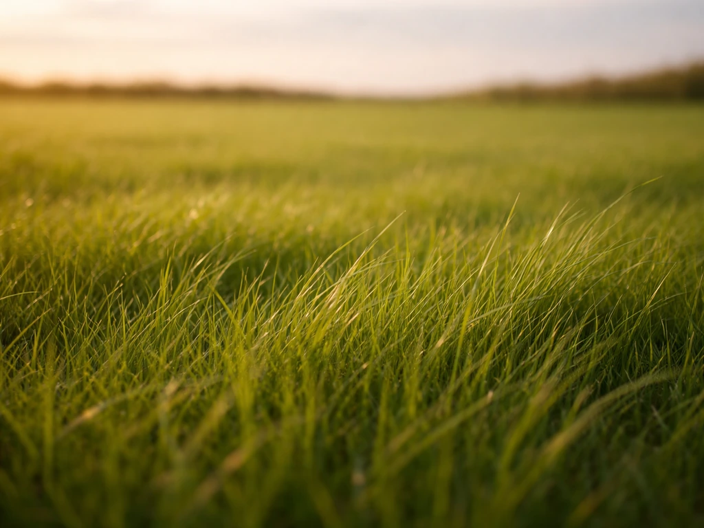 Champ d’herbe vu au ras du sol, lumière douce et brins qui bougent légèrement, ambiance d’abandon et de lenteur.
