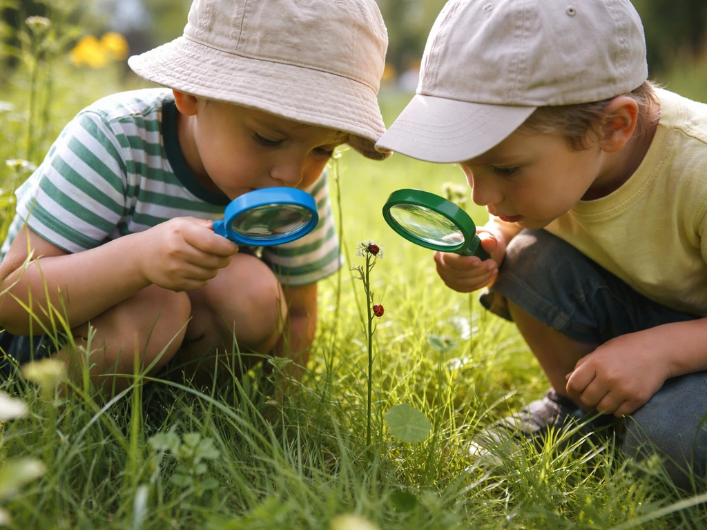 Enfants agenouillés dans l’herbe, observant de petits insectes avec une loupe, ambiance douce et naturelle.