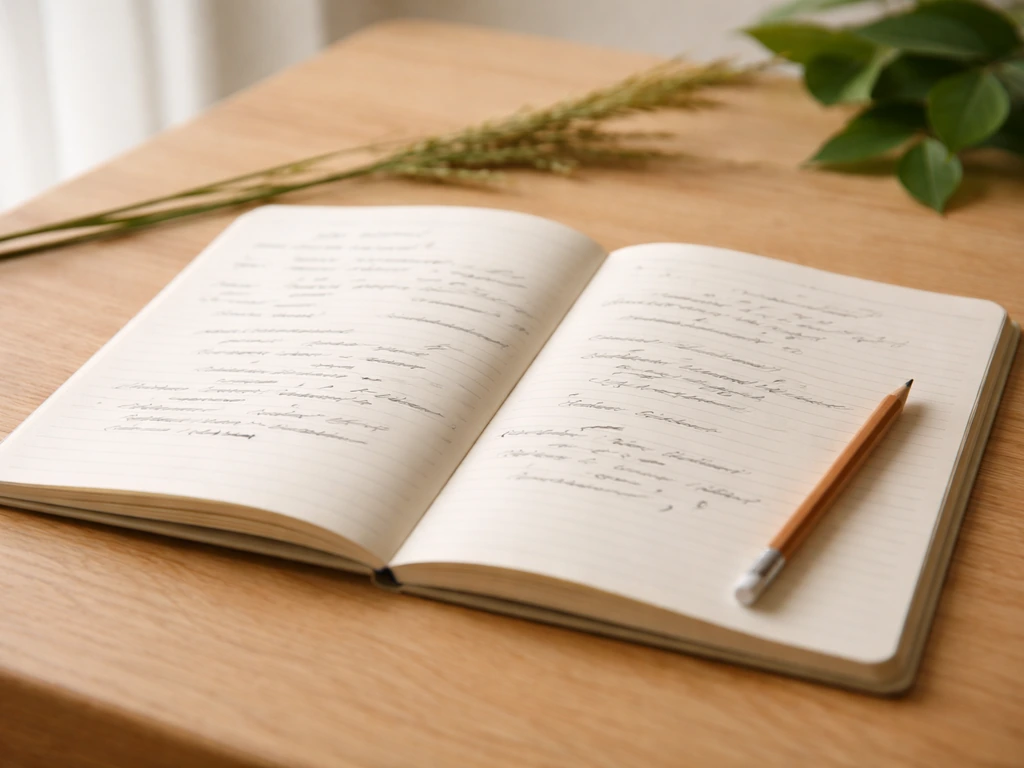 Carnet ouvert sur une table, quelques phrases manuscrites et feuillage vert en arrière-plan pour inspirer l’écriture