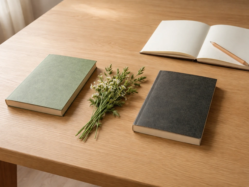 Deux recueils anonymes sur une table, herbes sauvages entre eux, pour symboliser différenciation et éviter la confusion.