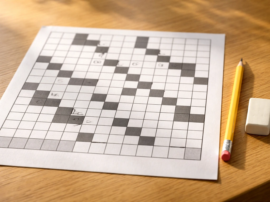 Grille de mots croisés sur table en bois, crayon à côté, suggérant une entrée de 9 lettres.