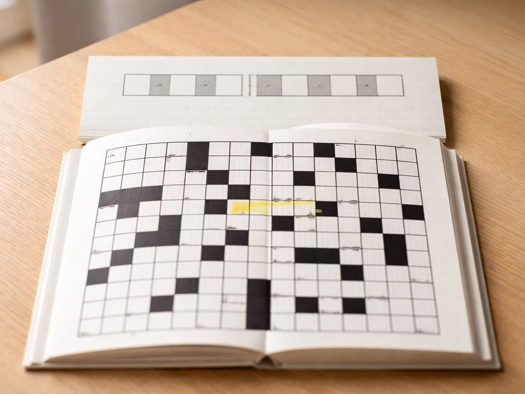 Grille de mots croisés sur une table, définition discrètement surlignée et 9 cases à compléter.