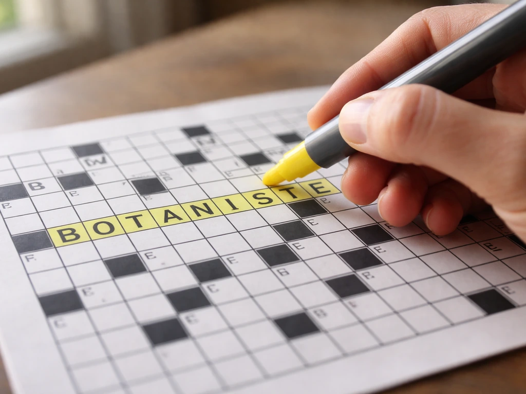 Main vérifiant un mot de mots croisés sur une grille avec un surlignage discret et un stylo