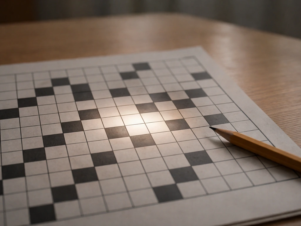 Gros plan sur une grille de mots croisés, la case centrale mise en évidence, crayon à côté, ambiance énigme.
