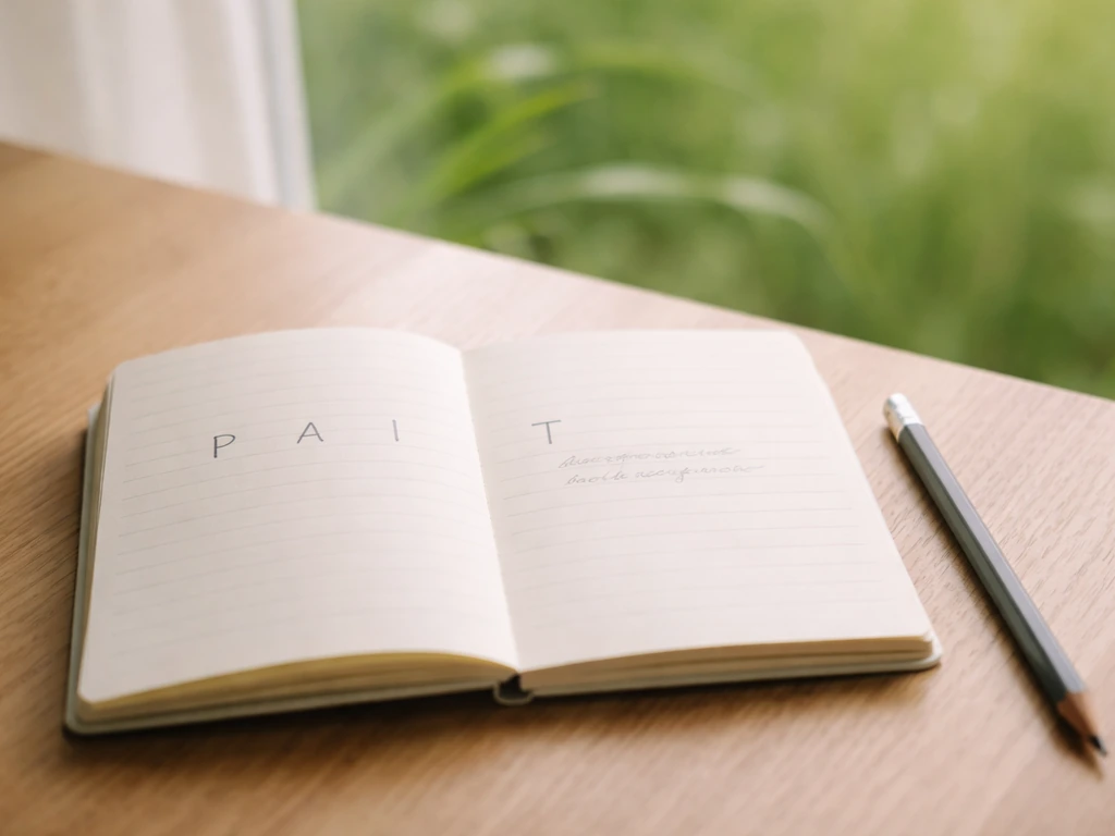 Quatre lettres « P-A-I-T » écrites sur un carnet, crayon et brins d’herbe en arrière-plan pour évoquer le sens.