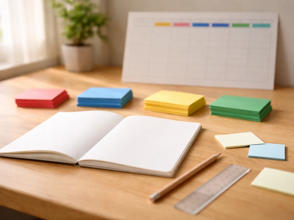 Table de classe avec un cahier ouvert et des cartes colorées indiquant un planning hebdomadaire