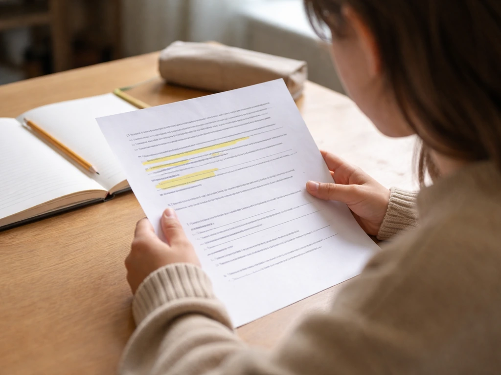 Élève assis à un bureau, lisant un texte avec surlignage et sur sa feuille de questions de compréhension