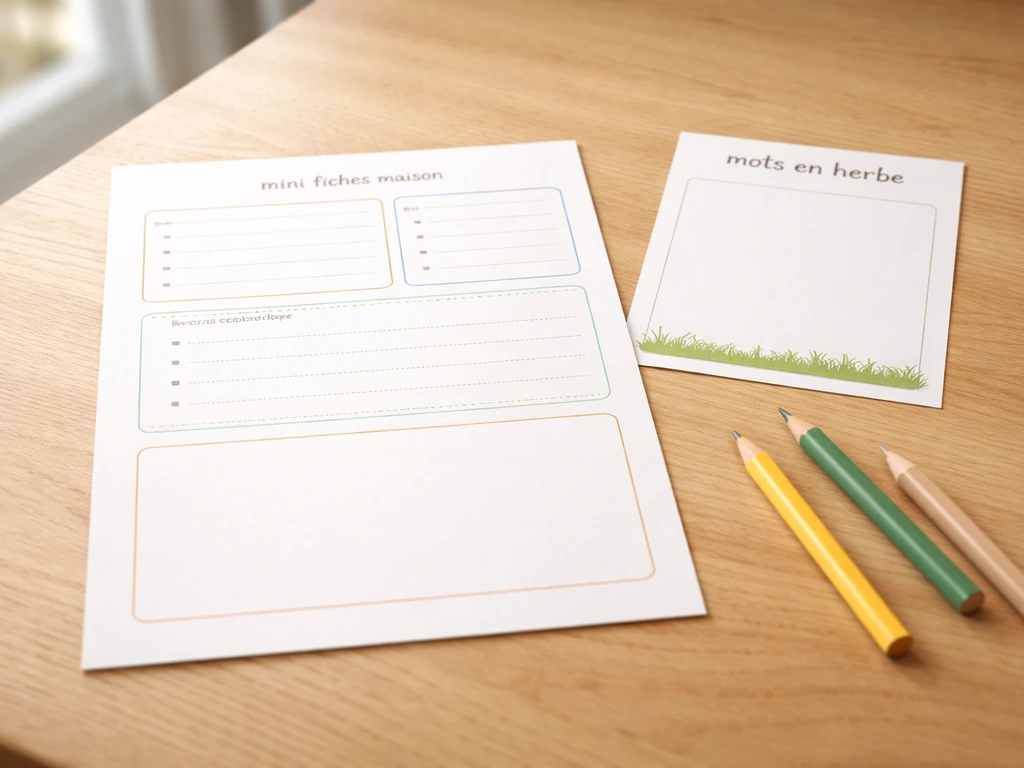 Mini-fiches maison “Mots en herbe” sur une table avec crayons et un exemple imprimé