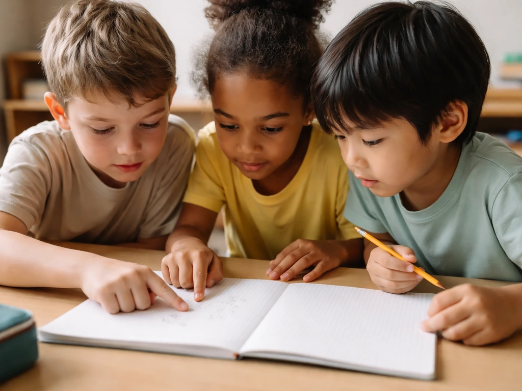Enfants en petit groupe autour d’un cahier, apprenant et comptant des lettres, ambiance “savant en herbe”.