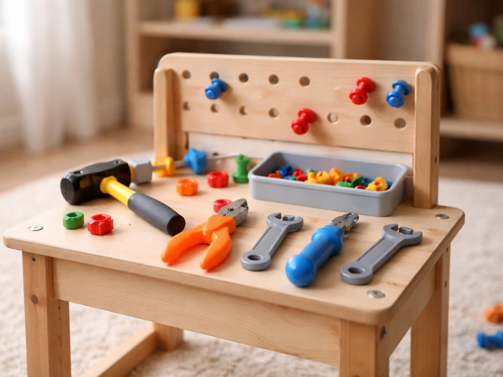 Jeu d’imitation enfant : établis miniatures avec outils en plastique sur un établi, ambiance de jeu à la maison.