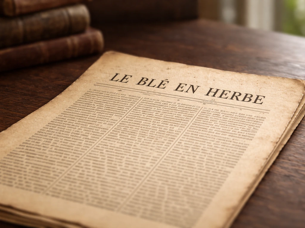Ancienne édition/fac-similé du “Blé en herbe” sur une table en bois, papier jauni et texture visible.