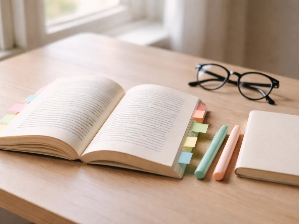 Table de travail avec un livre ouvert et post-it, lumière naturelle, ambiance d’analyse sur la relation et l’âge.