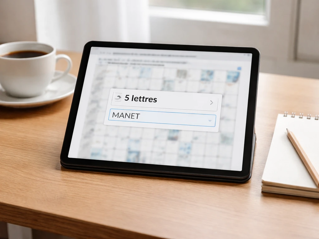 Tablette montrant une liste de mots fléchés et la réponse de 5 lettres MANET, ambiance bureau calme.