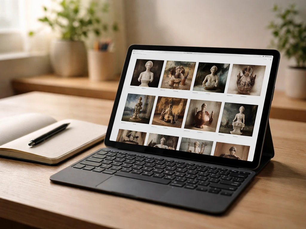 Écran d’un site de collections sur un bureau, avec carnet et stylo, ambiance calme et fiable.