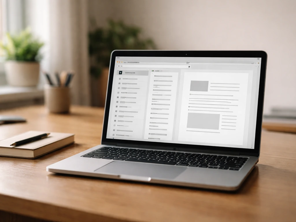 Sur une table, un écran montre une recherche de PDF questions-réponses avec aperçu de document