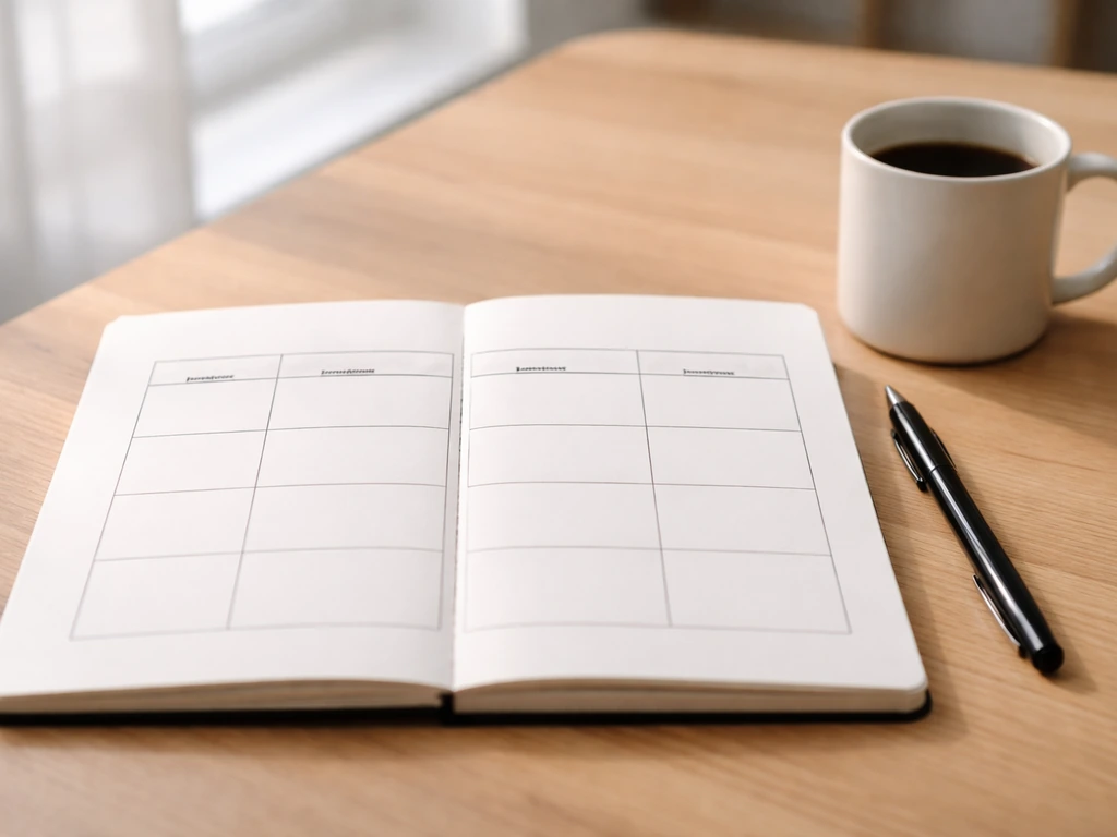 Une page de type PDF/carnet avec un tableau quadrillé et un stylo, sur une table près d’une tasse de café.