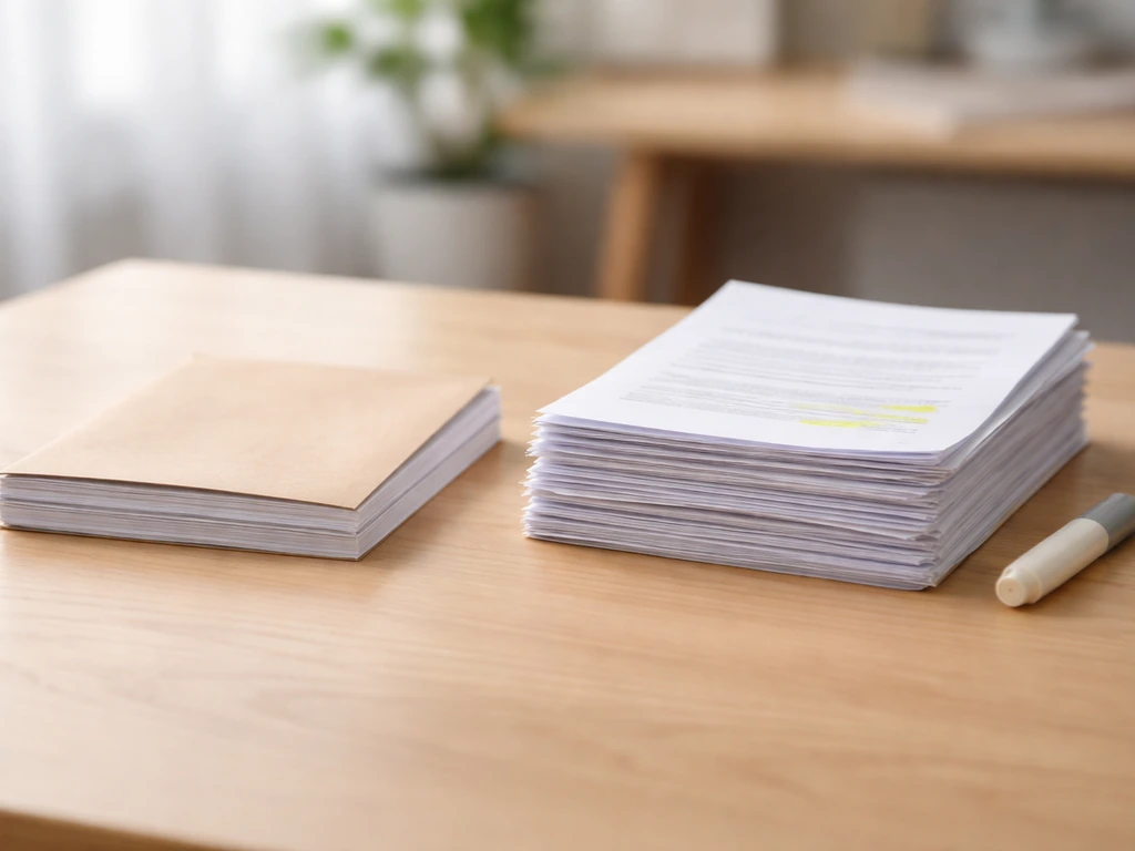 Deux piles de documents : une fine à gauche et une plus épaisse à droite, suggérant l’absence ou la présence du corrigé.