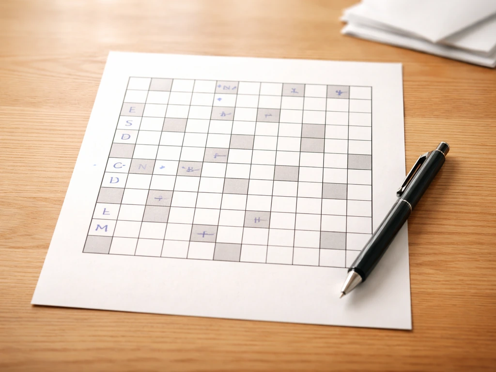 Grille de mots fléchés sur table avec quelques lettres au stylo et un stylo indiquant la méthode.