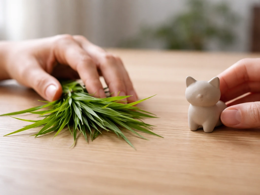 Deux mains comparent discrètement des brins d’herbe et une petite figurine d’animal sur une table en bois.