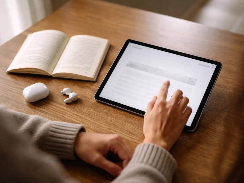 Personne anonyme consultant sur tablette une page de recherche de paroles, avec livre et écouteurs à côté.