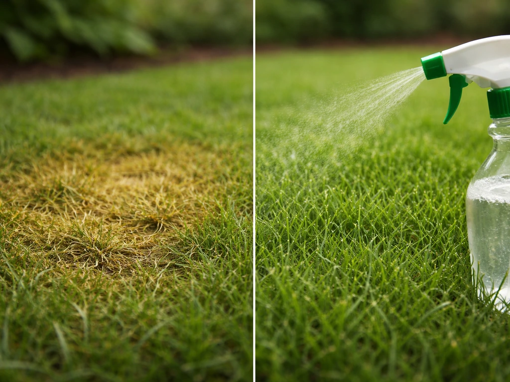 Gros plan avant/après sur une pelouse : pulvérisation d’un nettoyant enzymatique et zone assainie sans animal visible.