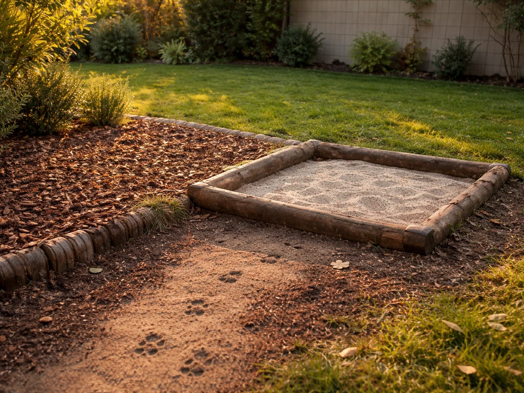 Dans un jardin, un coin paillé et une zone de terre meuble délimitent un espace pour l’animal de compagnie.