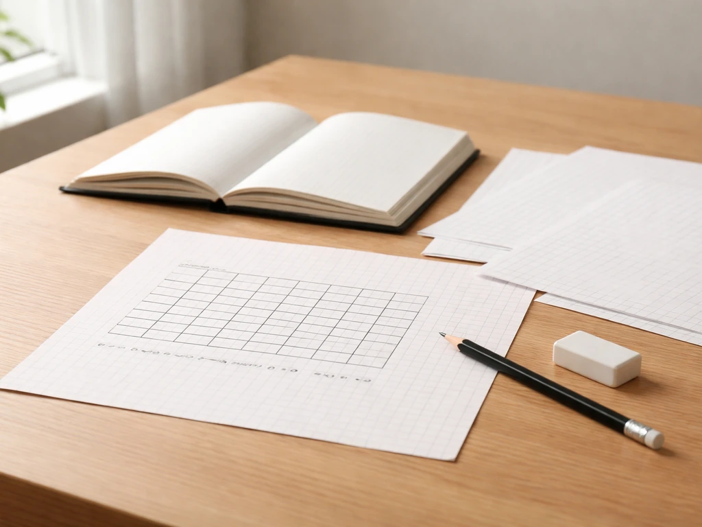 Table de travail minimaliste avec carnet et feuilles quadrillées vides pour illustrer un tableau d’essais sans texte.