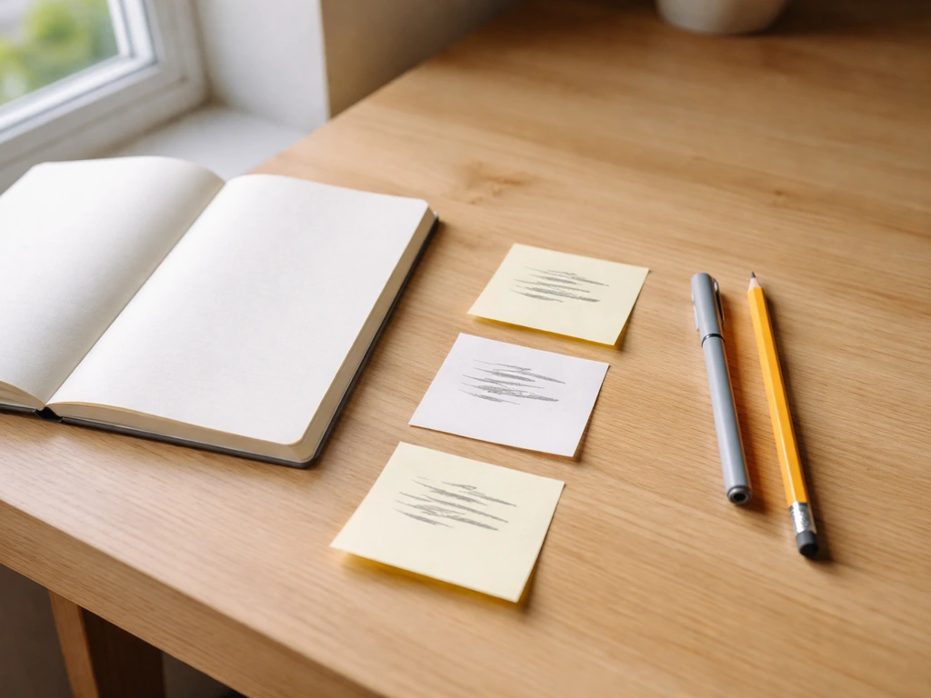 Table de travail minimaliste avec trois post-it flous illustrant bancariser, éliminer, recouper
