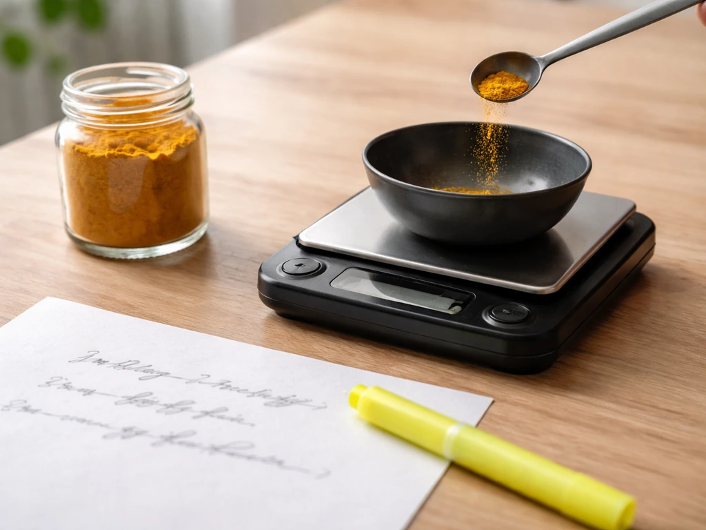 Curcuma en poudre sur table, balance de précision et surligneur près d’une feuille blanche floue.
