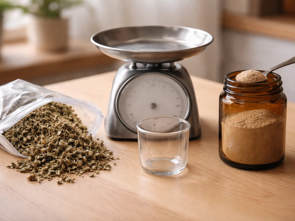 Table avec plante séchée et extrait en poudre, balance et cuillères pour illustrer la confusion des ratios.