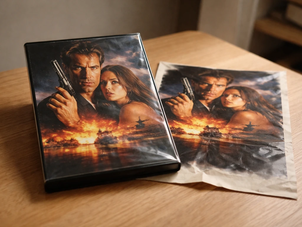 Jaquette DVD et affiche promotionnelle vintage du téléfilm, posées sur une table en bois, lumière naturelle.