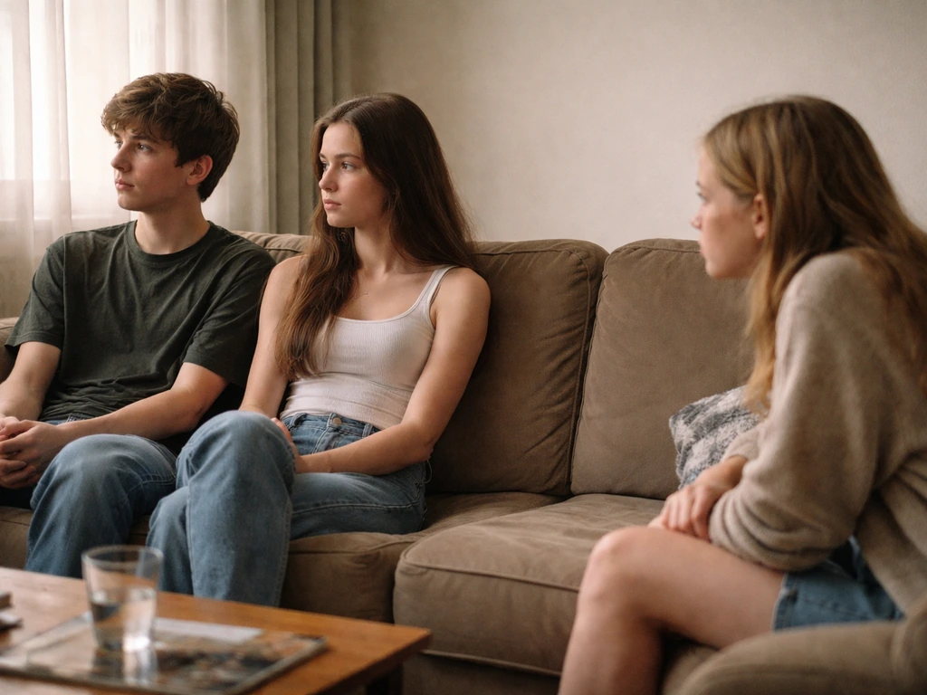 Deux adolescents et une troisième personne créent une tension émotionnelle dans un salon des années 1990.