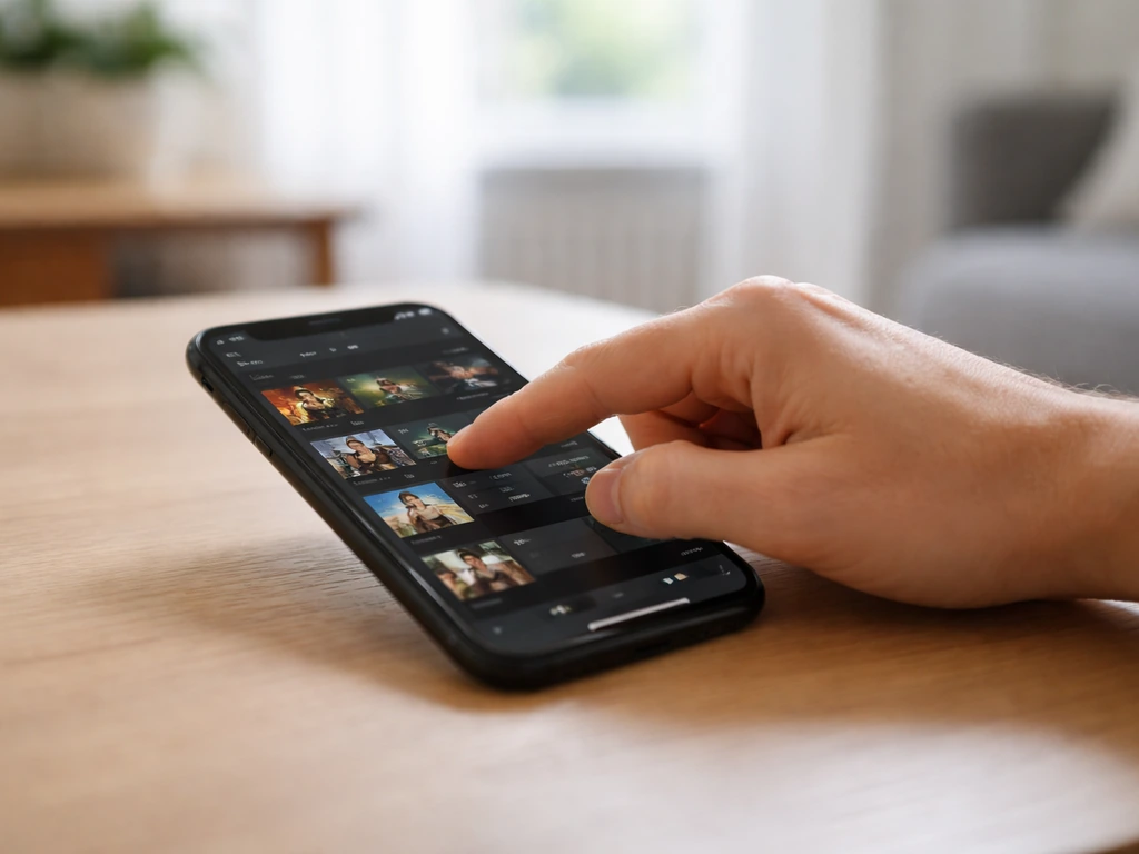 Main sur smartphone affichant une recherche VOD, disponibilité du téléfilm non claire, dans un salon lumineux.
