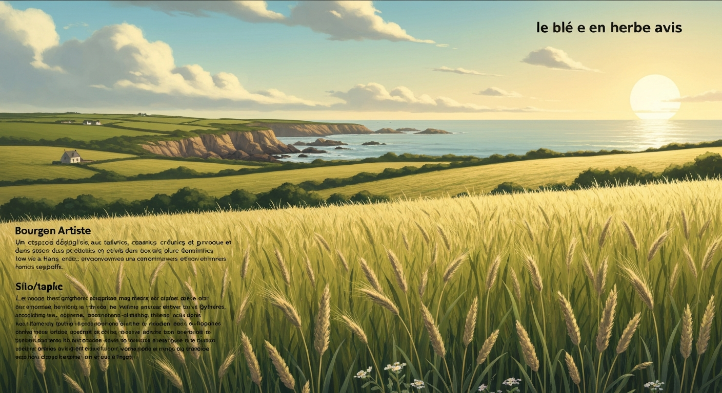 Paysage breton au coucher : champ de blé en herbe au premier plan et côte rocheuse avec la mer à l'arrière-plan, lumière dorée et atmosphère mélancolique.